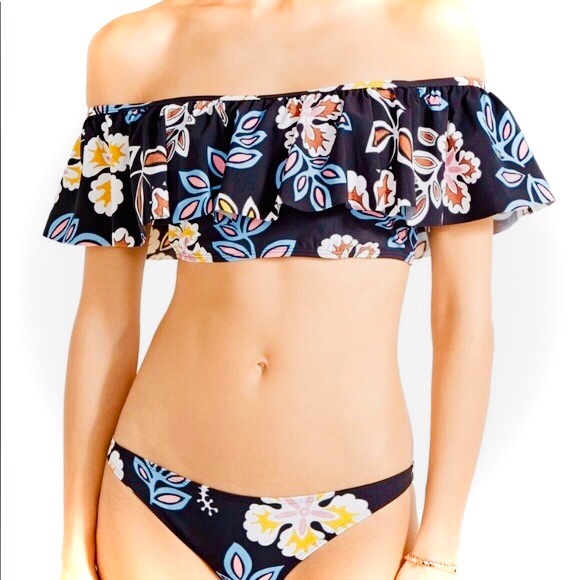 TORY BURCH | S | Hopewell Off-the-Shoulder Ruffle Floral Swim Top Bandeau Black - Picture 4 of 13